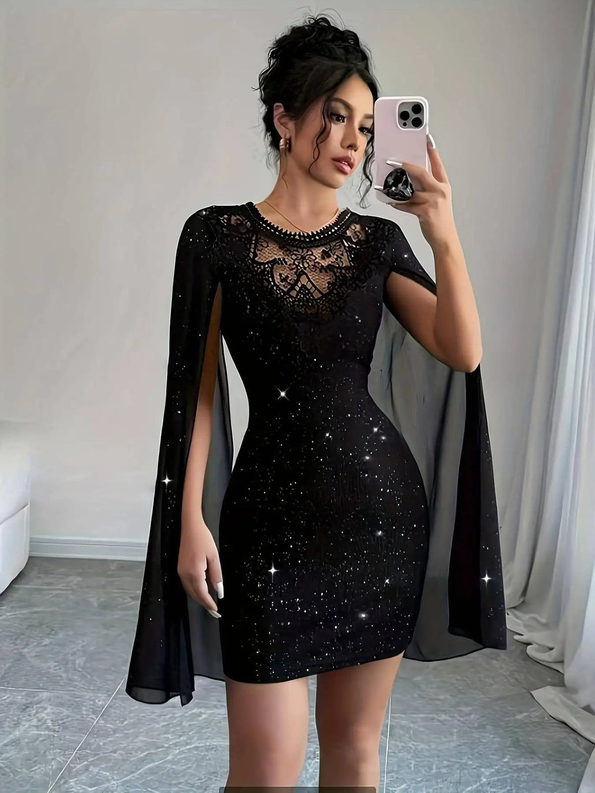 Black Glitter Lace Cape-Sleeve Cocktail Dress