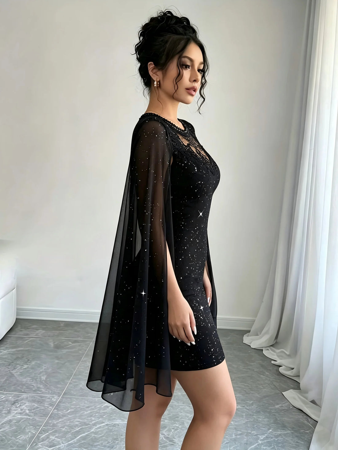 Black Glitter Lace Cape-Sleeve Cocktail Dress