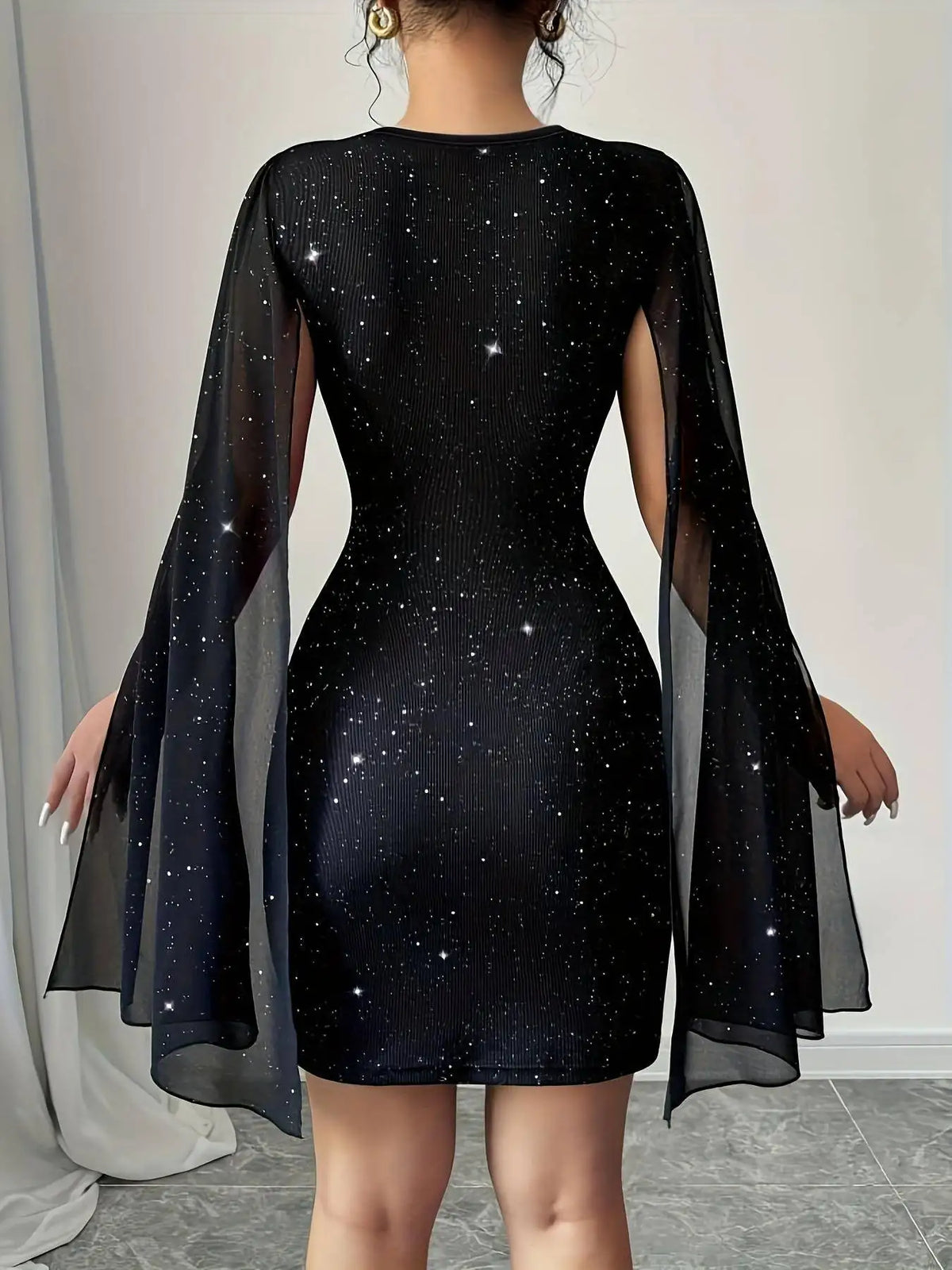 Black Glitter Lace Cape-Sleeve Cocktail Dress