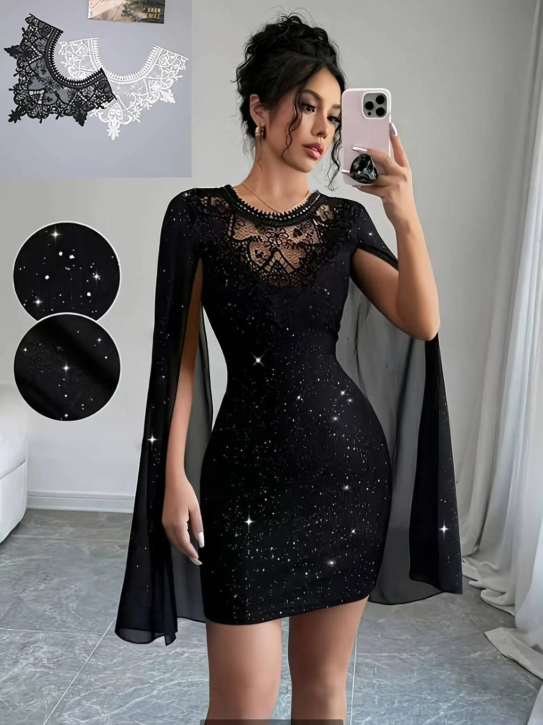 Black Glitter Lace Cape-Sleeve Cocktail Dress